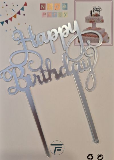 Топер за торта, Нappy Birthday, сребро