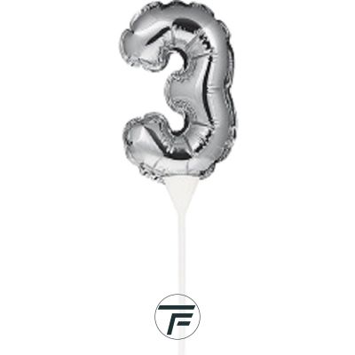 Фолиев балон, цифра 3, сребърен, с пръчка - 17см