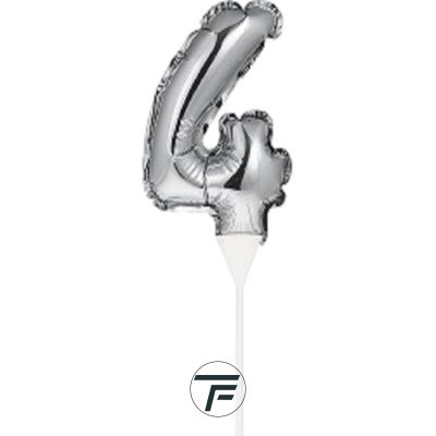 Фолиев балон, цифра 4, сребърен, с пръчка - 17см
