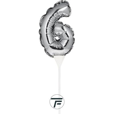Фолиев балон, цифра 6, сребърен, с пръчка - 17см