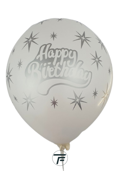 Балони с печат Happy birthday и сребърни звезди  - 30см, 100бр., бели със сребърен печат
