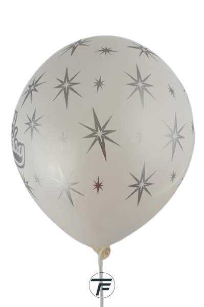 Балони с печат Happy birthday и сребърни звезди  - 30см, 100бр., бели със сребърен печат