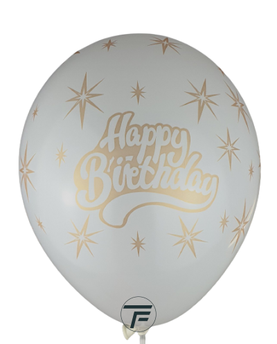 Балони с печат Happy birthday и златни звезди  - 30см, 100бр., бели със златен печат
