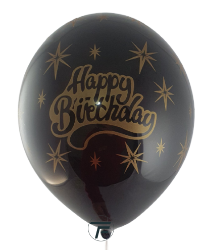 Балони с печат Happy birthday и златни звезди  - 30см, 100бр., черни със златен печат