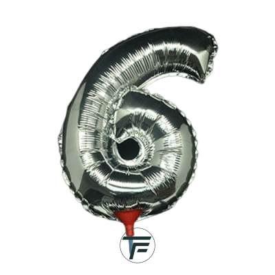 Фолиев балон цифра 6, сребърен с пръчка - 40см